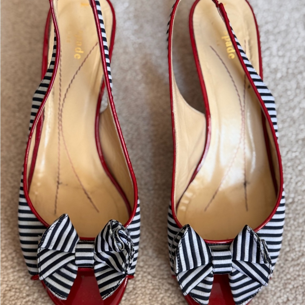 Kate Spade Red with Navy and White Stripe Patent Peep-Toe Kitten Heels